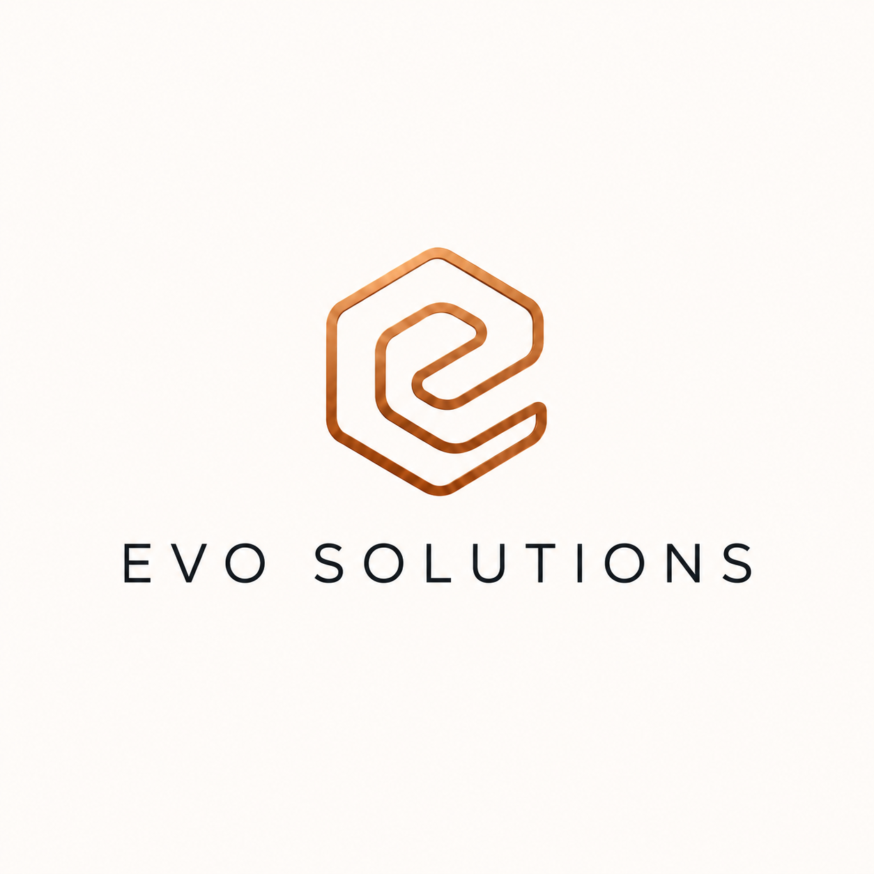 Logotipo corporativo de Evo Solutions: símbolo E en cobre y nombre en carbón